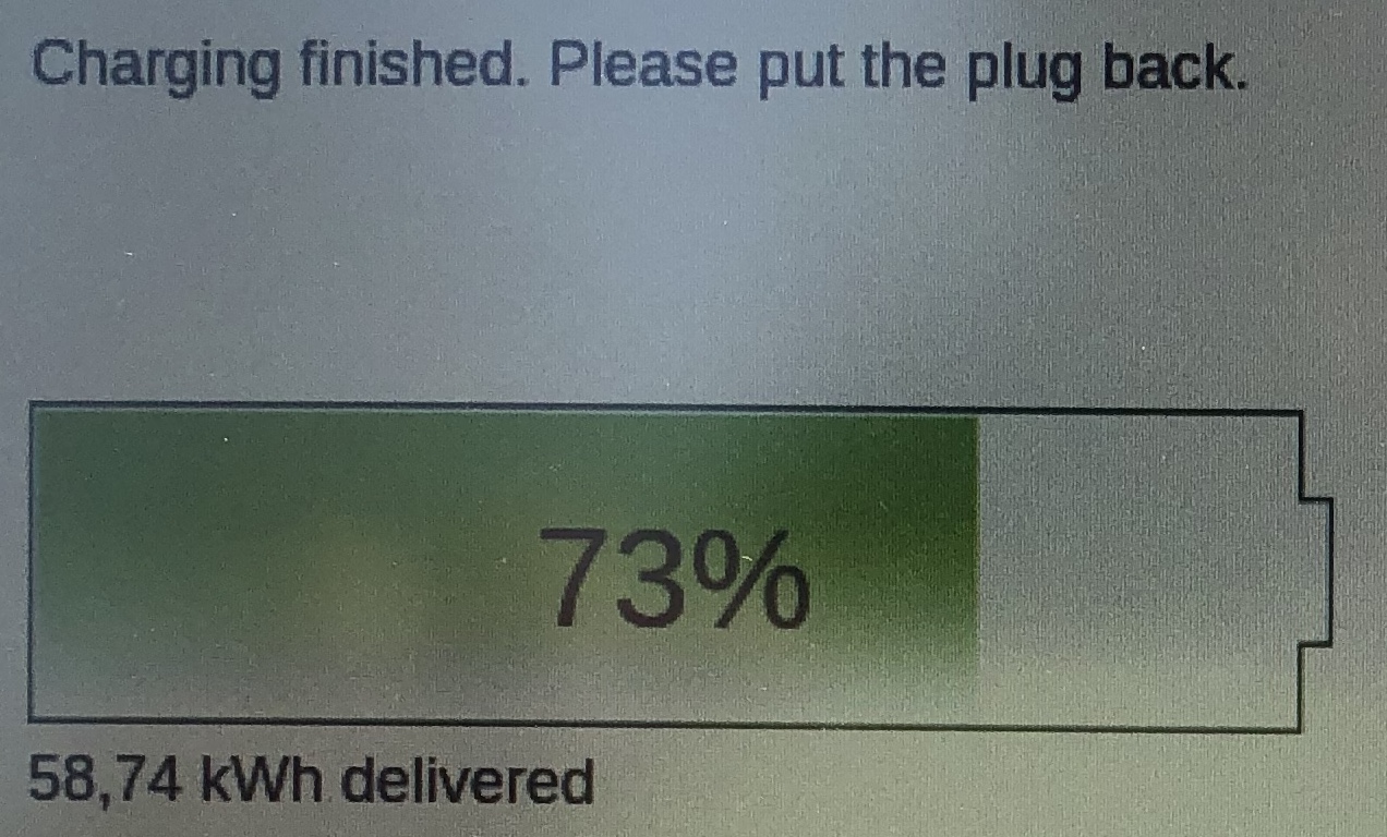 Charging finished. Please put the plug back. 73% 58.74kWh delivered